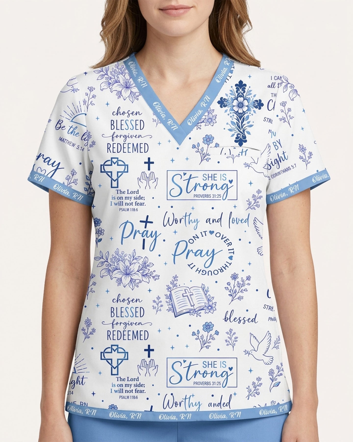 Personalized Name Nurse Christian Prayer Jesus Flower Cross Bible Quote Pattern Top