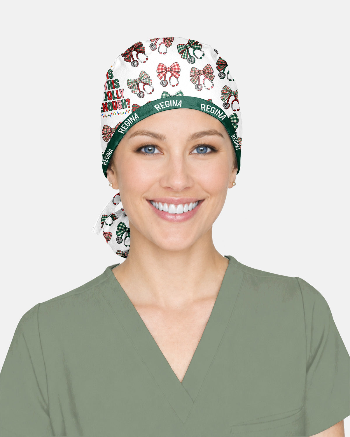 Personalized Name Is This Jolly Enough Christmas Stethoscope Bow Pattern Gift For Nurse Cap