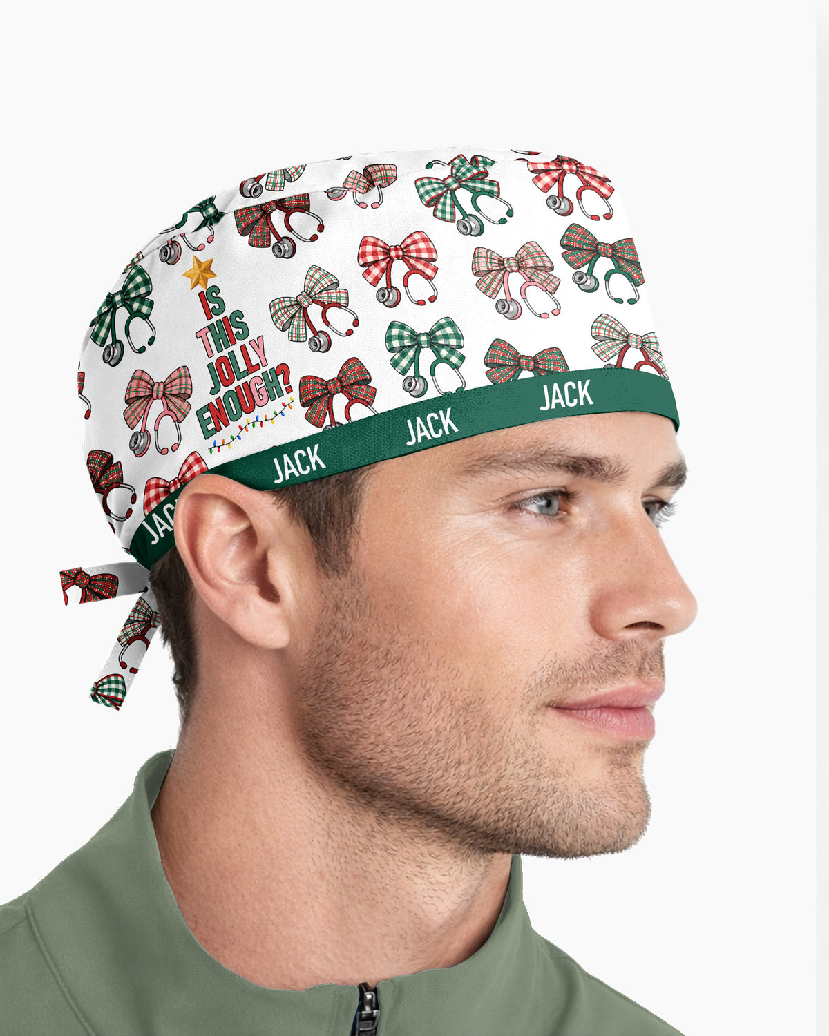 Personalized Name Is This Jolly Enough Christmas Stethoscope Bow Pattern Gift For Nurse Cap