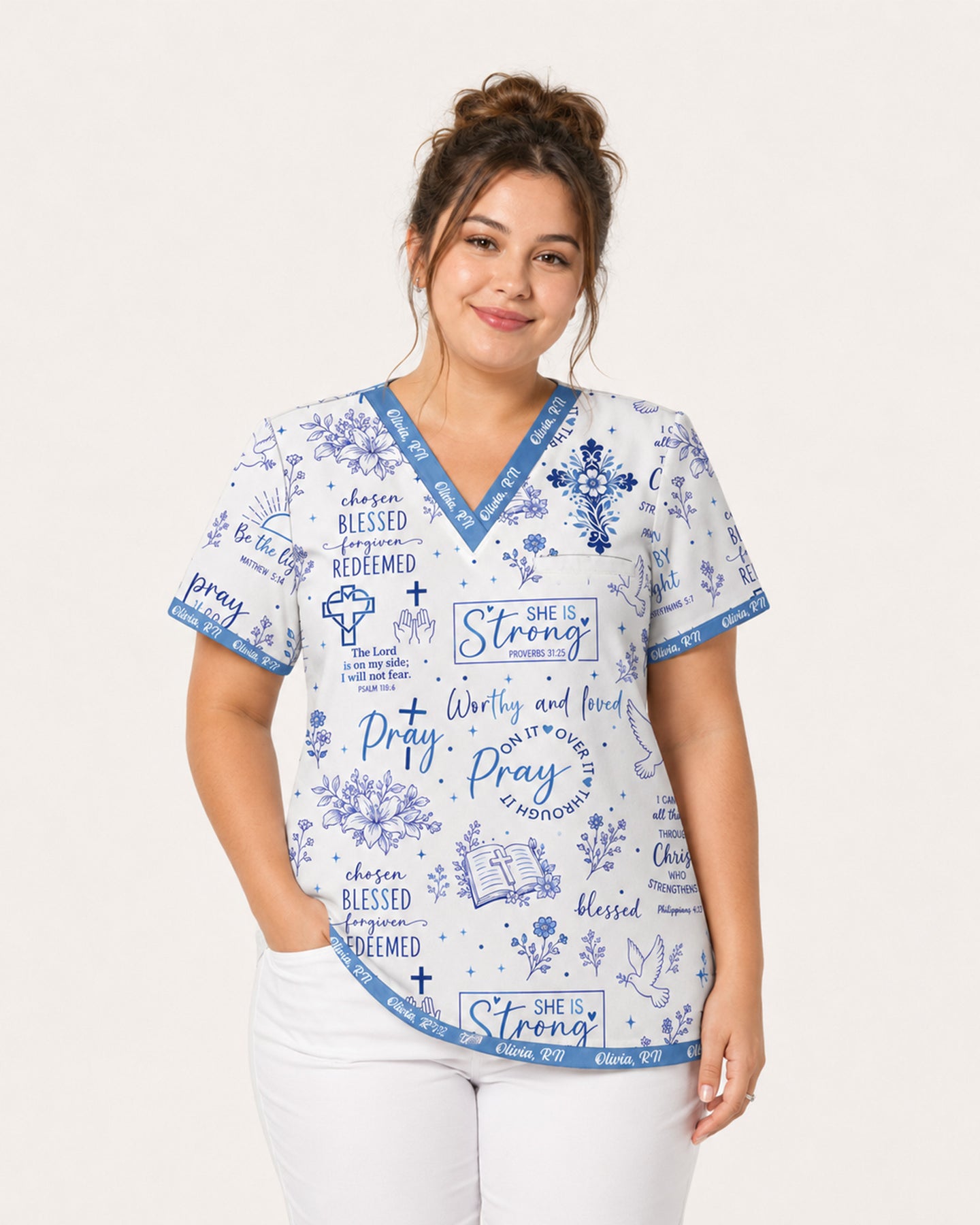 Personalized Name Nurse Christian Prayer Jesus Flower Cross Bible Quote Pattern Top