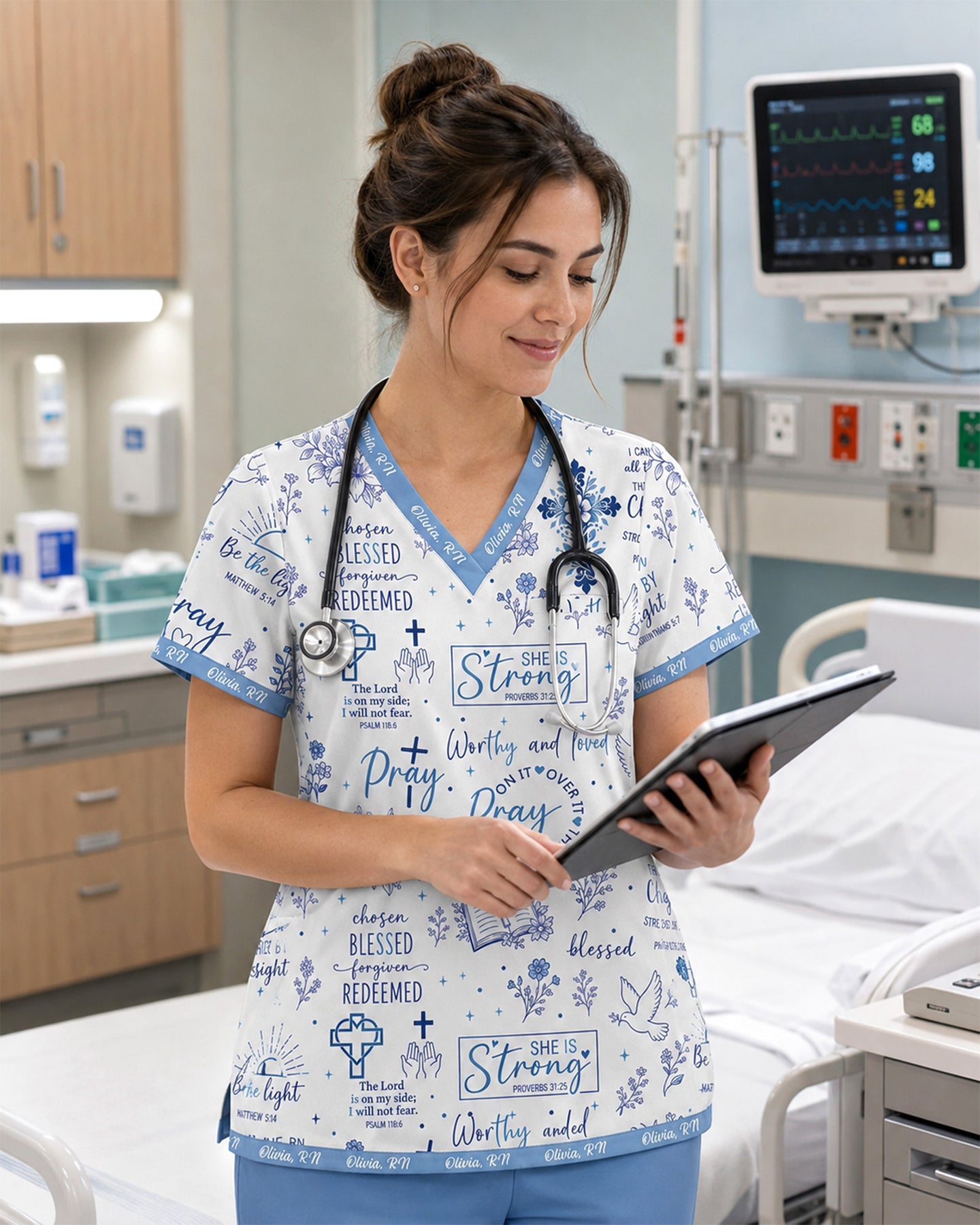 Personalized Name Nurse Christian Prayer Jesus Flower Cross Bible Quote Pattern Top