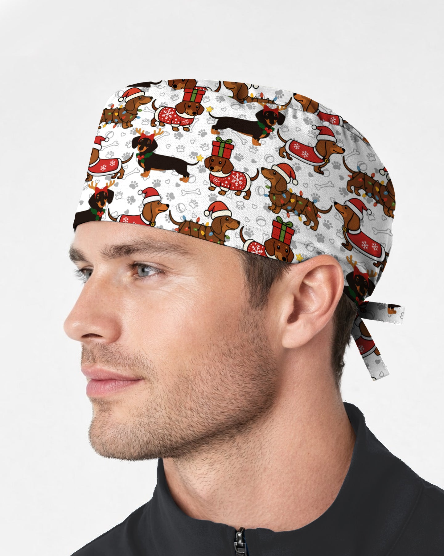 Funny Christmas Dachshund Wearing Santa Outfit Scrub Cap