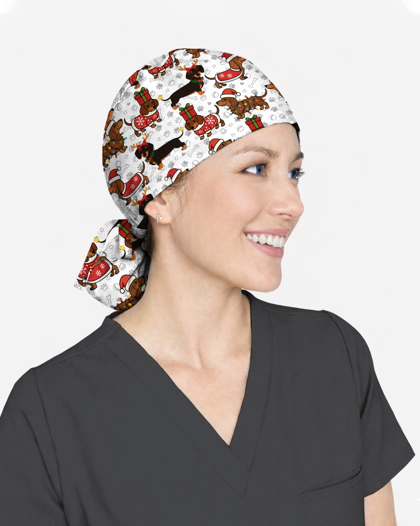 Funny Christmas Dachshund Wearing Santa Outfit Scrub Cap
