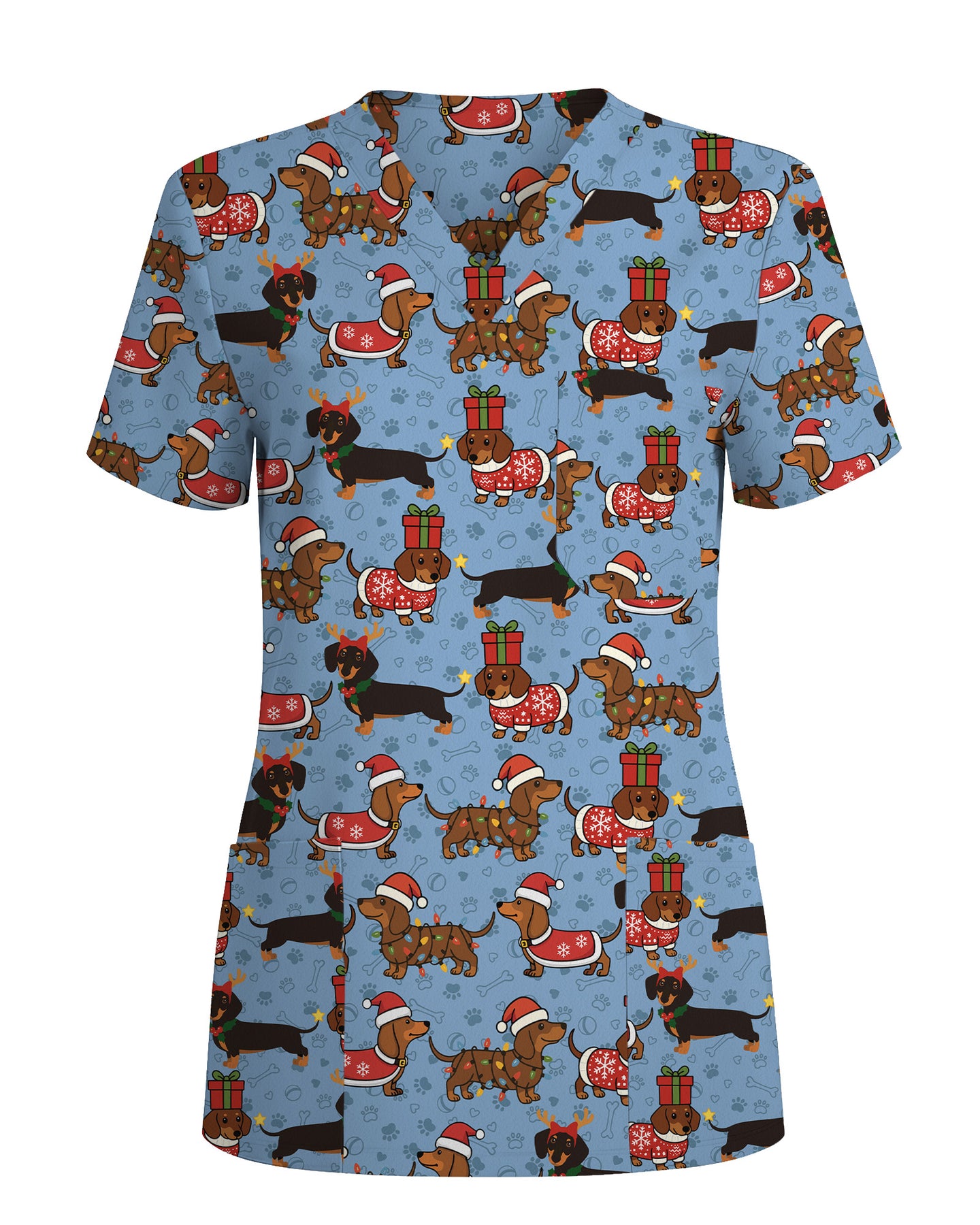 Funny Christmas Dachshund Wearing Santa Outfit Women Scrub Top