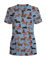 Funny Christmas Dachshund Wearing Santa Outfit Women Scrub Top