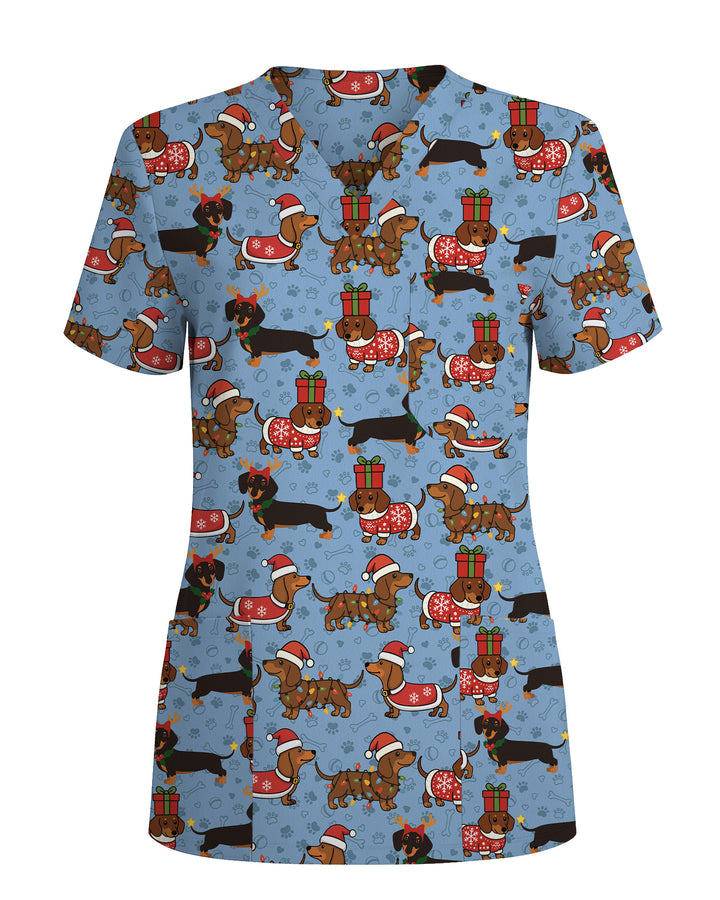 Funny Christmas Dachshund Wearing Santa Outfit Women Scrub Top