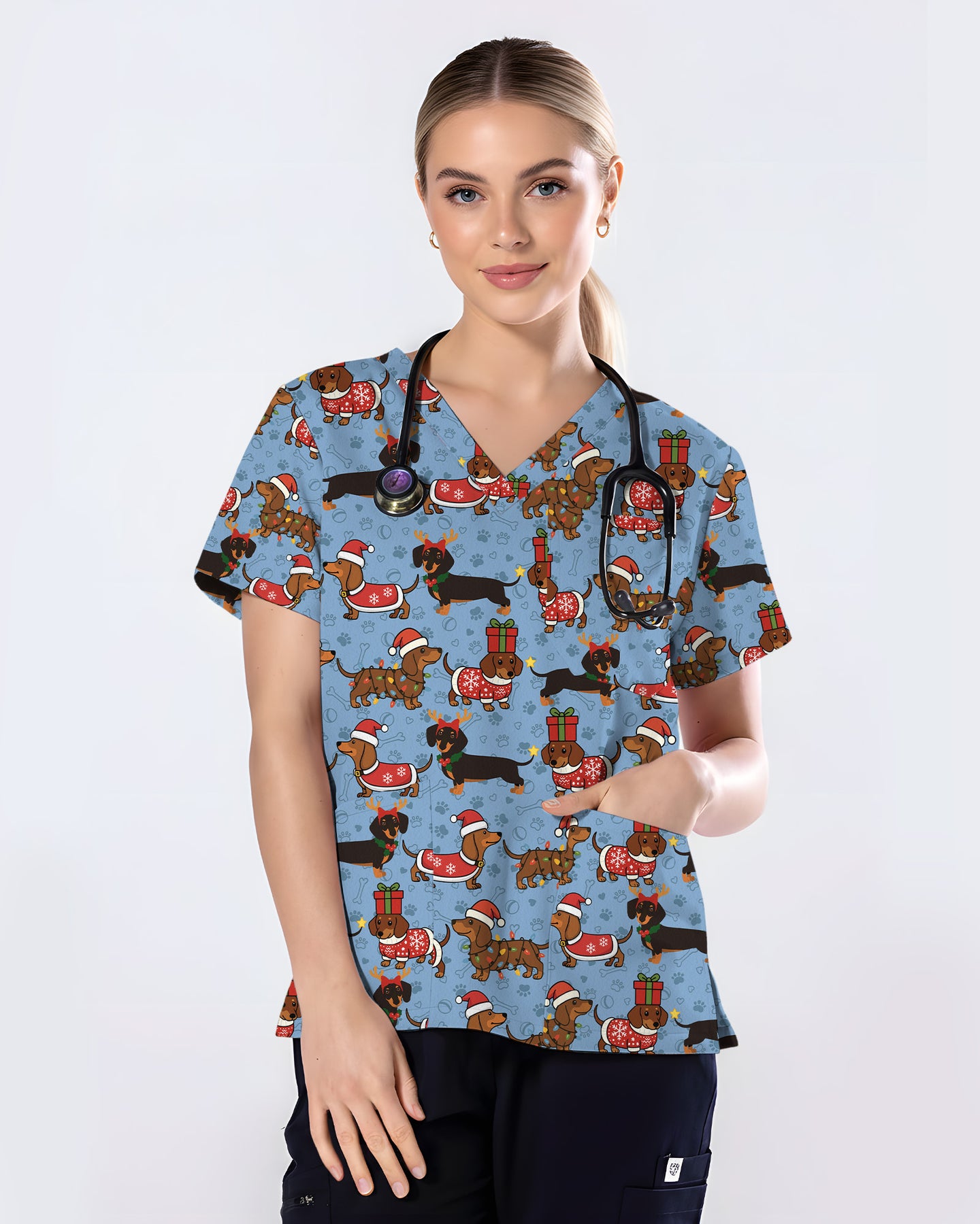 Funny Christmas Dachshund Wearing Santa Outfit Women Scrub Top