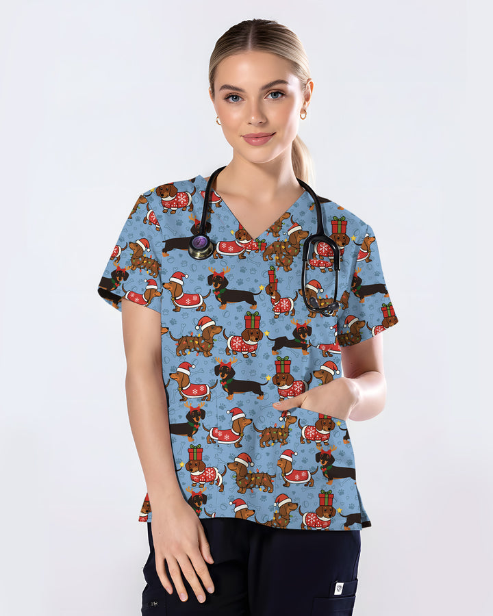 Funny Christmas Dachshund Wearing Santa Outfit Women Scrub Top