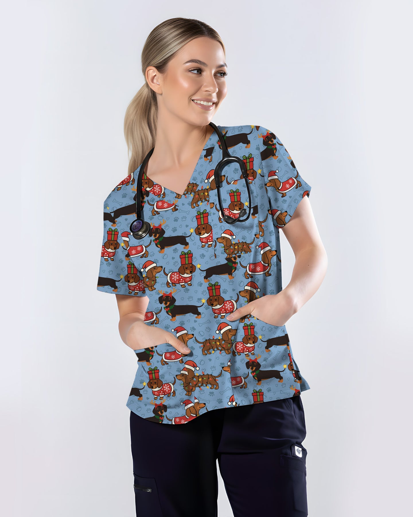 Funny Christmas Dachshund Wearing Santa Outfit Women Scrub Top