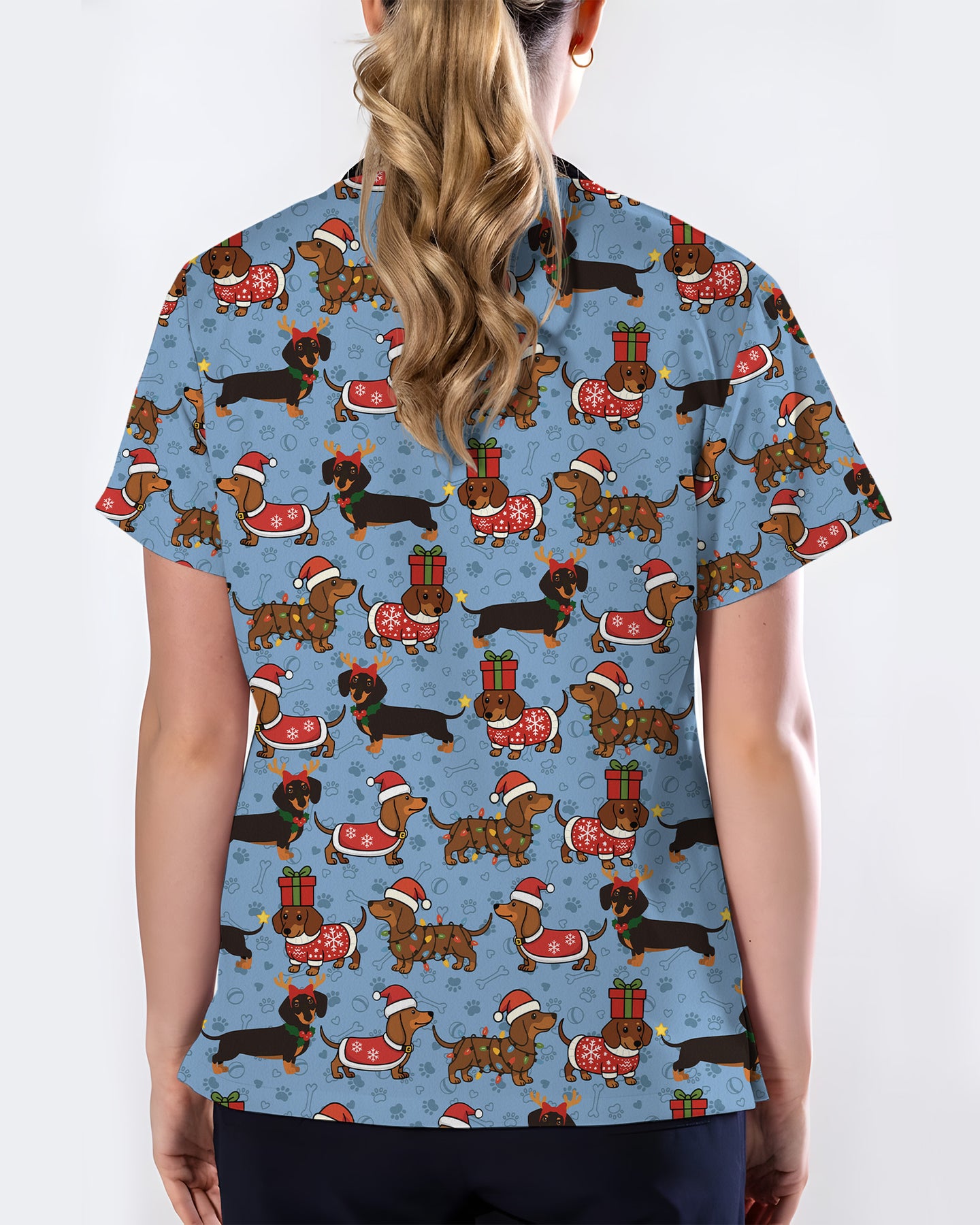 Funny Christmas Dachshund Wearing Santa Outfit Women Scrub Top