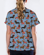 Funny Christmas Dachshund Wearing Santa Outfit Women Scrub Top