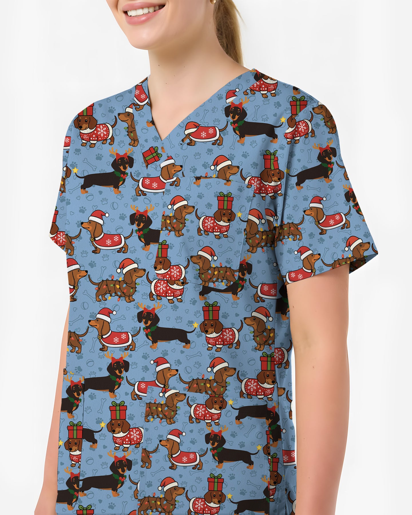 Funny Christmas Dachshund Wearing Santa Outfit Women Scrub Top