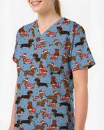 Funny Christmas Dachshund Wearing Santa Outfit Women Scrub Top