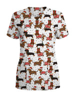 Funny Dachshund in Santa Costume Illustration Women Scrub Top