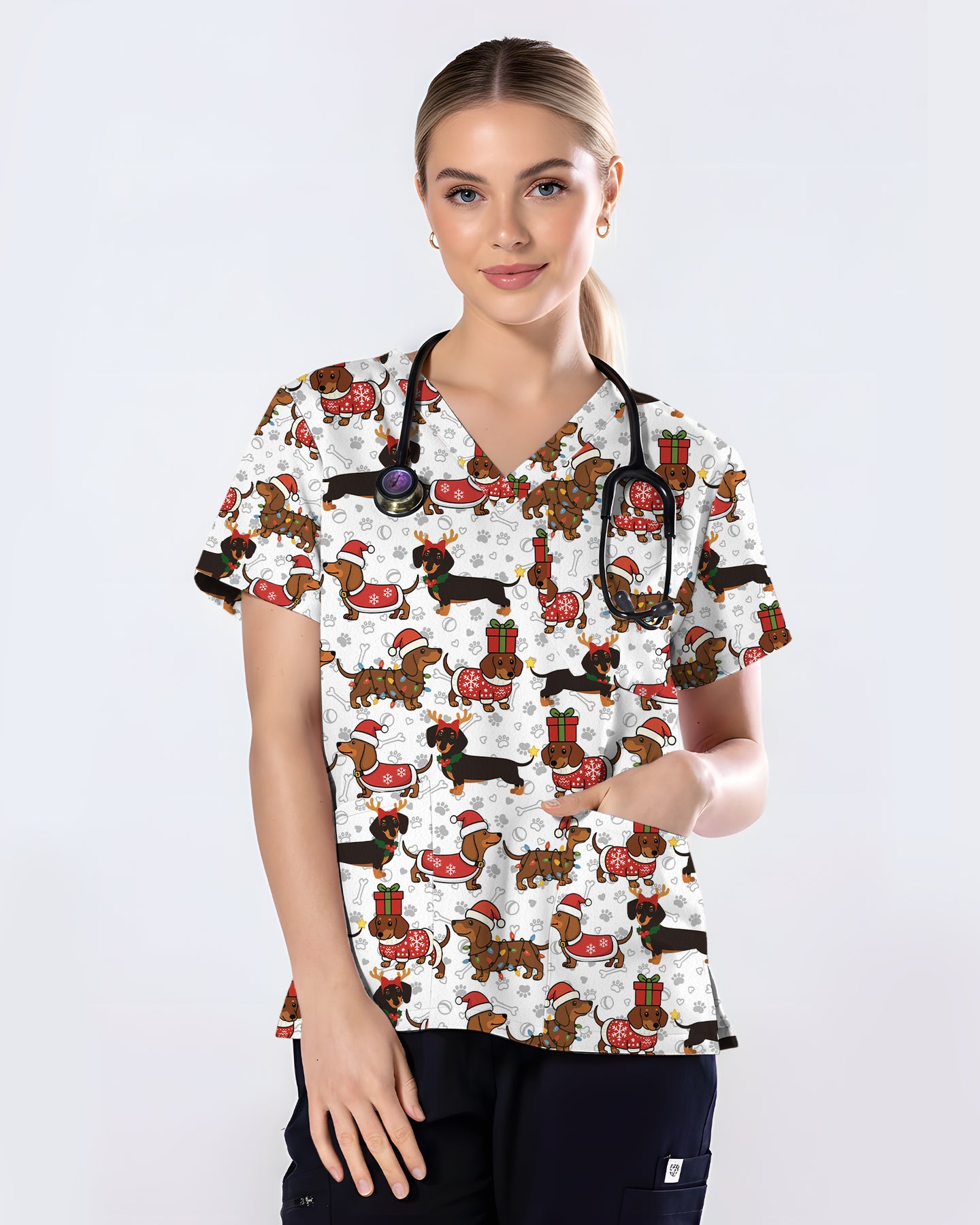 Funny Dachshund in Santa Costume Illustration Women Scrub Top