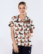 Funny Dachshund in Santa Costume Illustration Women Scrub Top