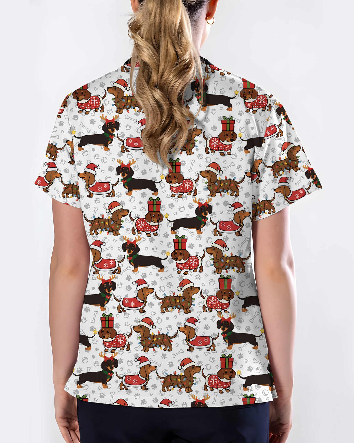 Funny Dachshund in Santa Costume Illustration Women Scrub Top