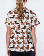 Funny Dachshund in Santa Costume Illustration Women Scrub Top