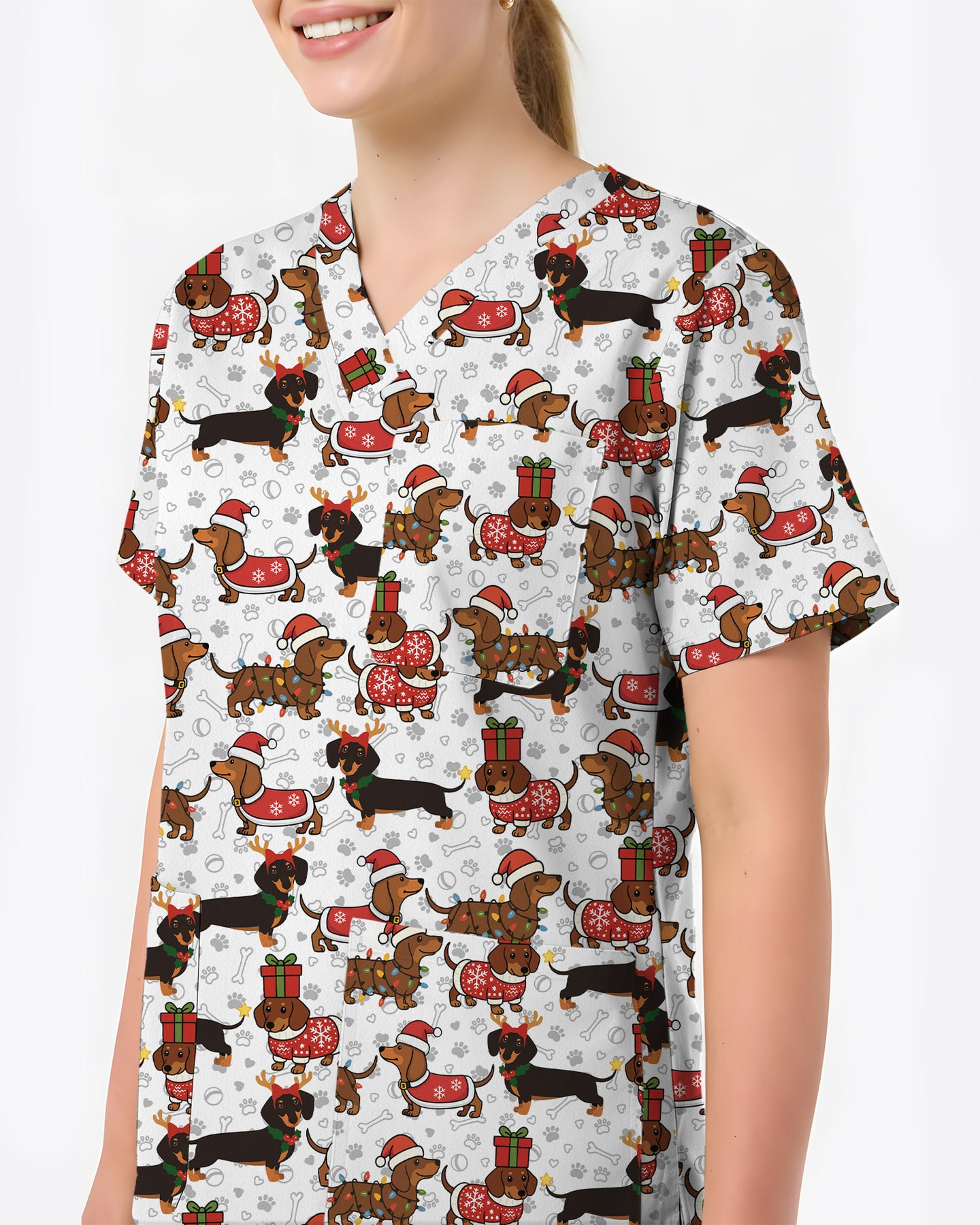 Funny Dachshund in Santa Costume Illustration Women Scrub Top