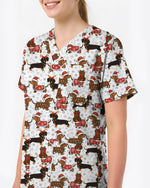 Funny Dachshund in Santa Costume Illustration Women Scrub Top