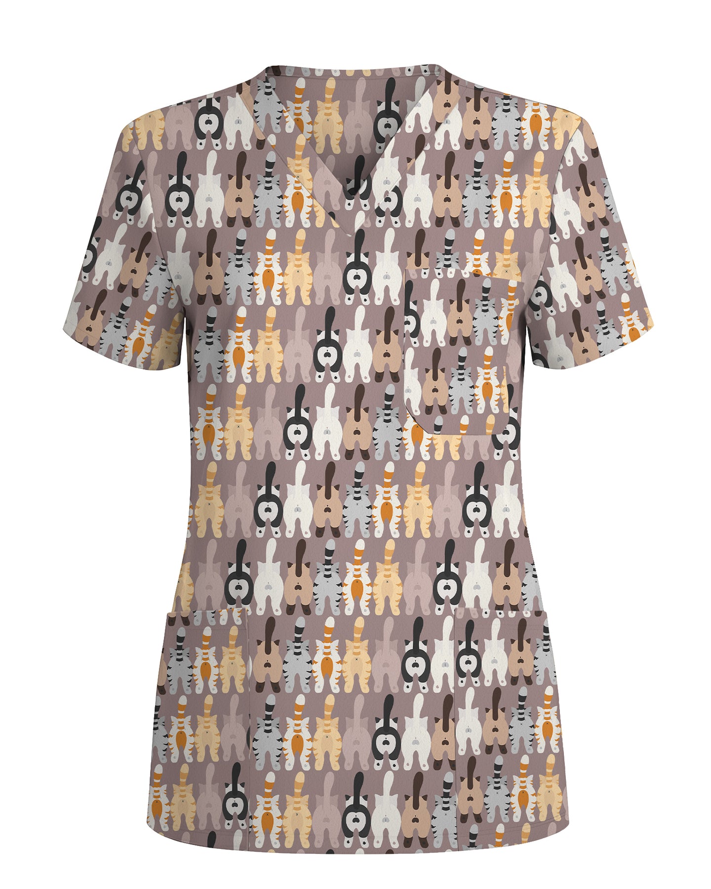 Cute Cartoon Cat Butt Repeat Women Scrub Top