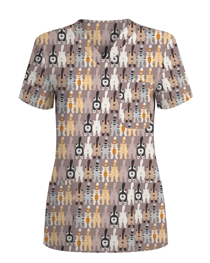 Cute Cartoon Cat Butt Repeat Women Scrub Top