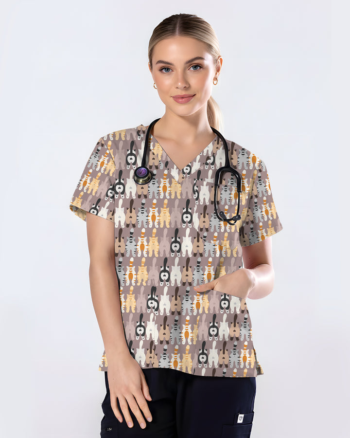 Cute Cartoon Cat Butt Repeat Women Scrub Top