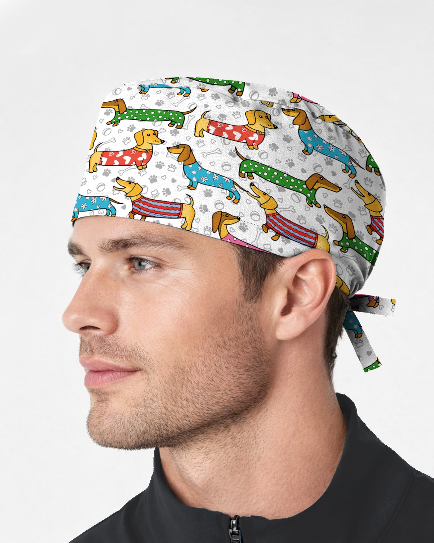 Playful Dachshund Allover Cartoon Pattern Scrub Cap