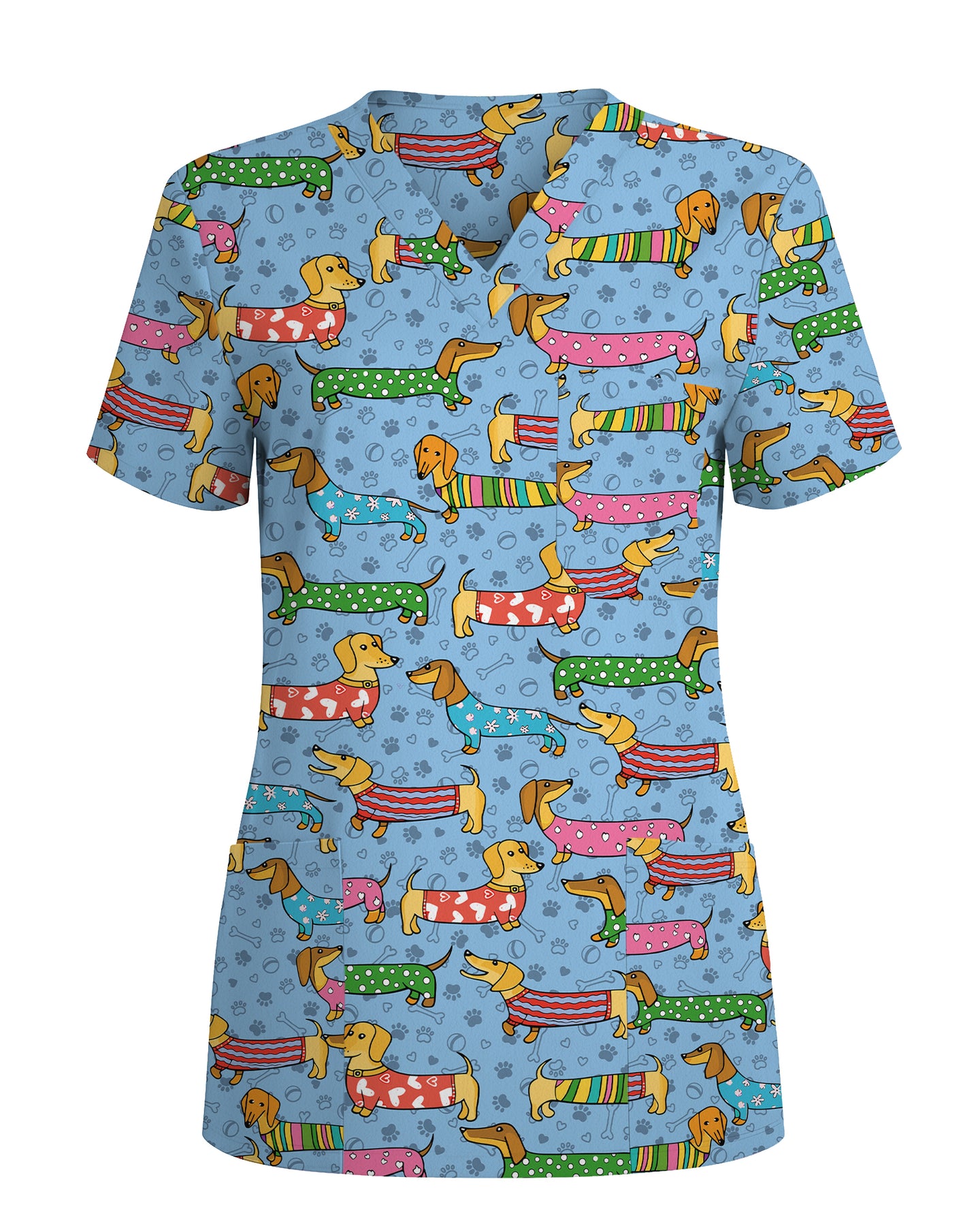 Playful Dachshund Allover Cartoon Women Scrub Top