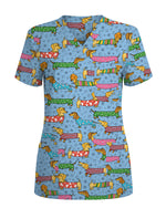 Playful Dachshund Allover Cartoon Women Scrub Top