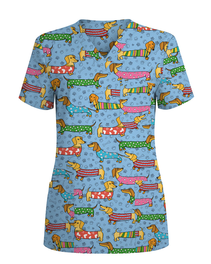 Playful Dachshund Allover Cartoon Women Scrub Top