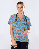 Playful Dachshund Allover Cartoon Women Scrub Top