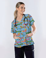 Playful Dachshund Allover Cartoon Women Scrub Top