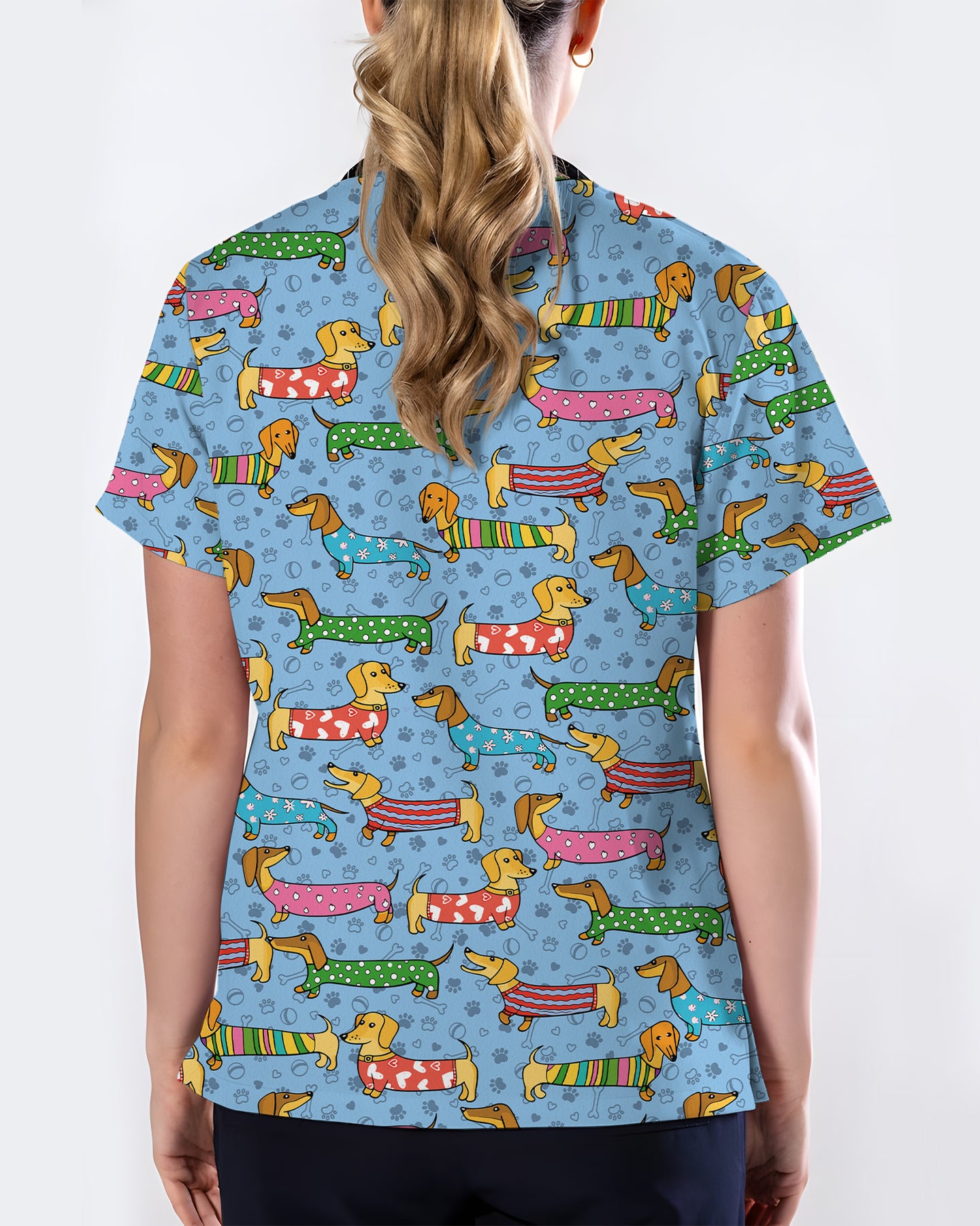 Playful Dachshund Allover Cartoon Women Scrub Top