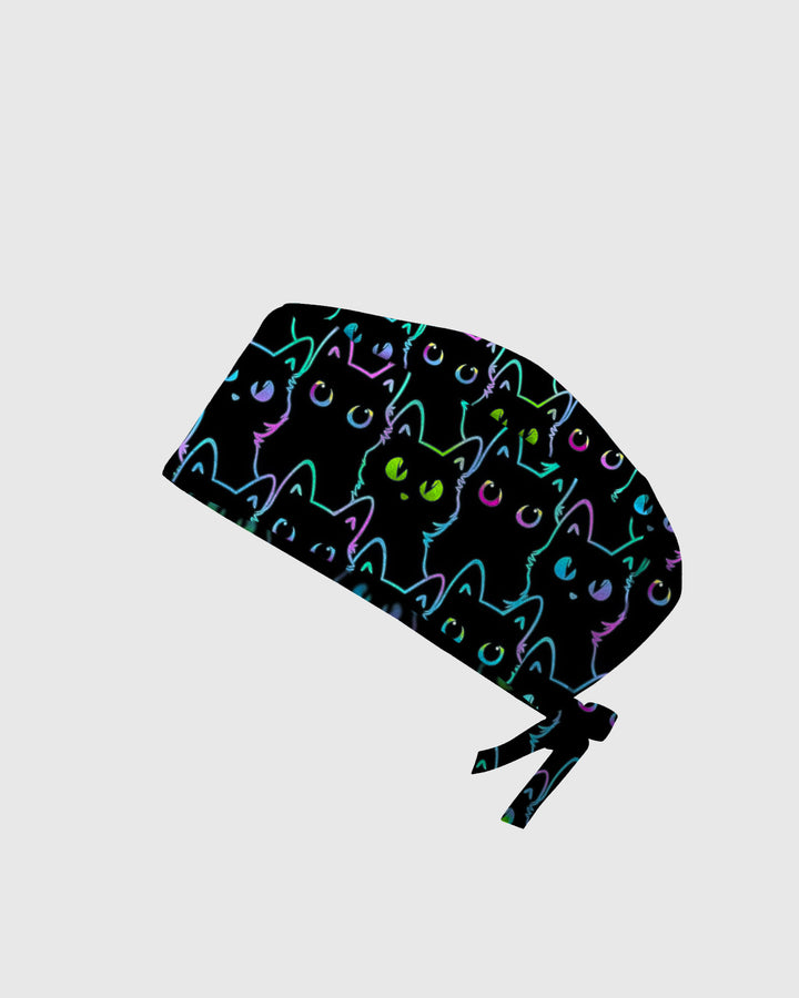 Neon Black Cat Allover Pattern Illustration Scrub Cap