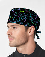 Neon Black Cat Allover Pattern Illustration Scrub Cap