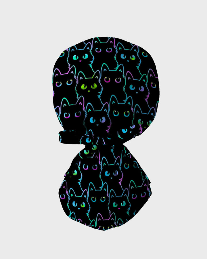 Neon Black Cat Allover Pattern Illustration Scrub Cap