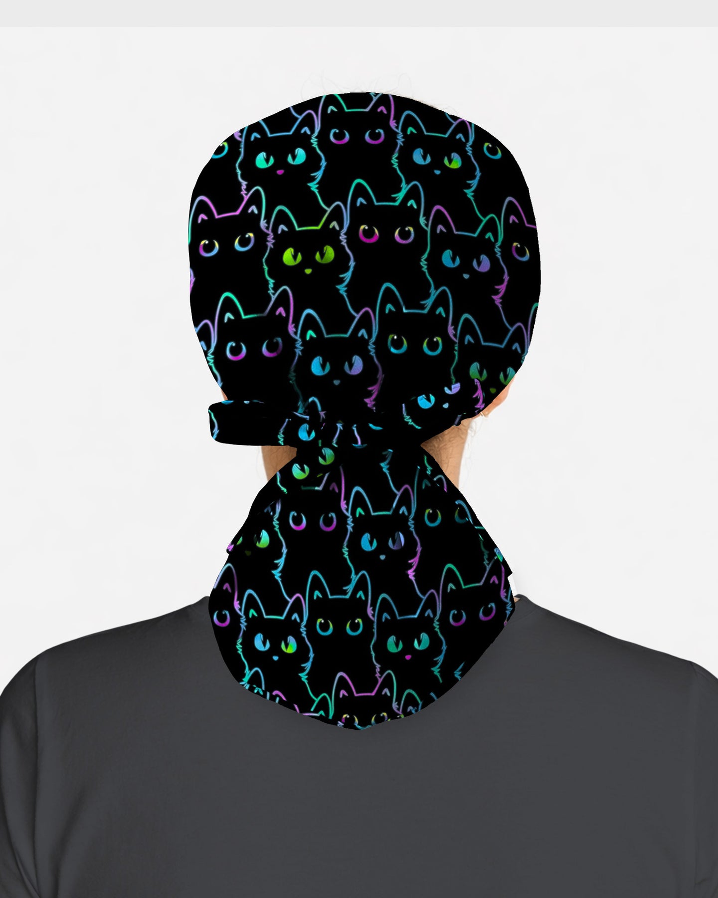 Neon Black Cat Allover Pattern Illustration Scrub Cap