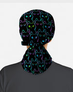 Neon Black Cat Allover Pattern Illustration Scrub Cap