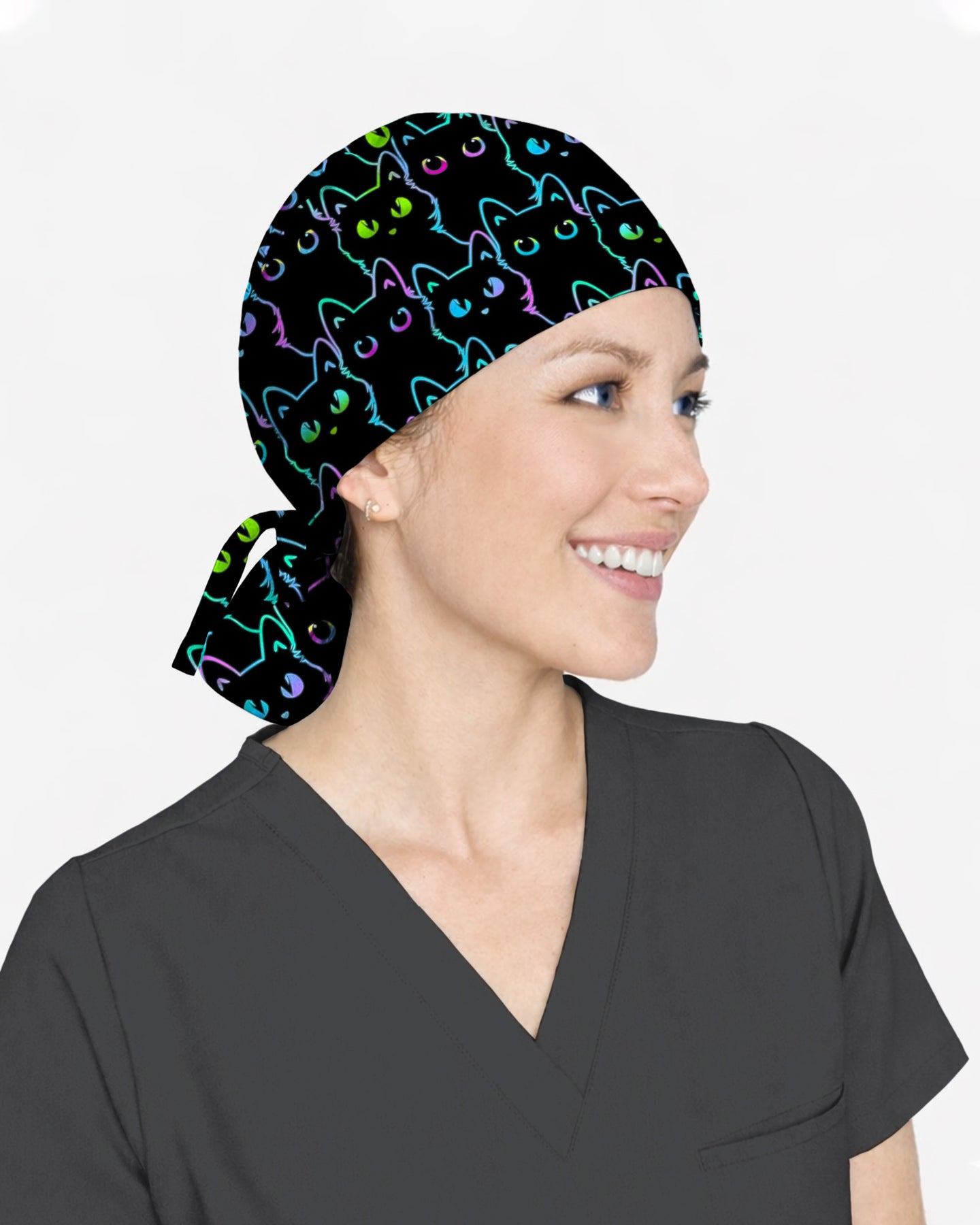 Neon Black Cat Allover Pattern Illustration Scrub Cap