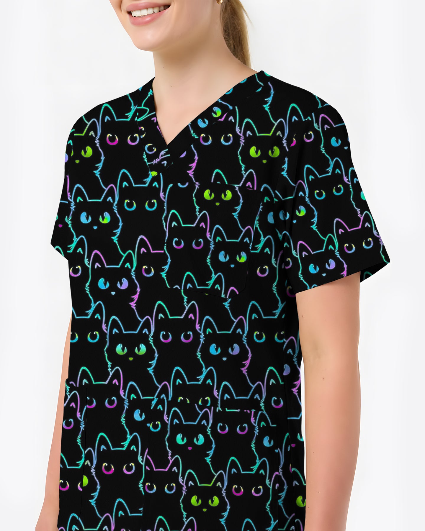 Neon Black Cat Allover Pattern Illustration Women Scrub Top