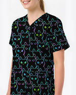 Neon Black Cat Allover Pattern Illustration Women Scrub Top