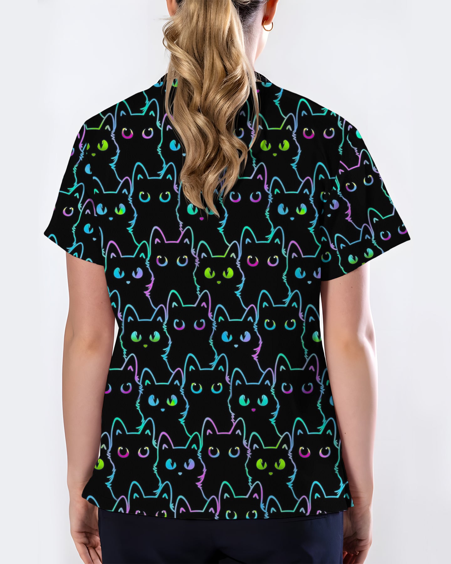 Neon Black Cat Allover Pattern Illustration Women Scrub Top