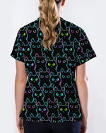 Neon Black Cat Allover Pattern Illustration Women Scrub Top