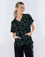 Neon Black Cat Allover Pattern Illustration Women Scrub Top