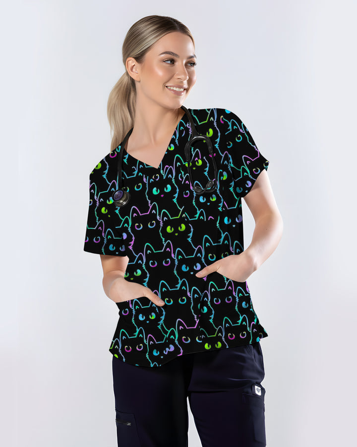 Neon Black Cat Allover Pattern Illustration Women Scrub Top
