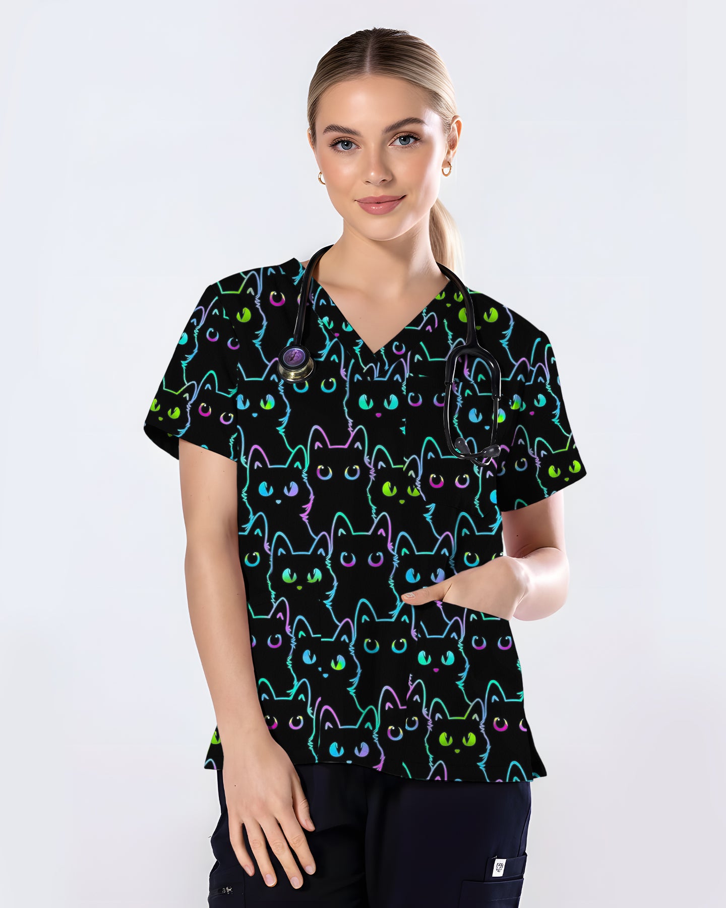 Neon Black Cat Allover Pattern Illustration Women Scrub Top
