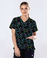 Neon Black Cat Allover Pattern Illustration Women Scrub Top