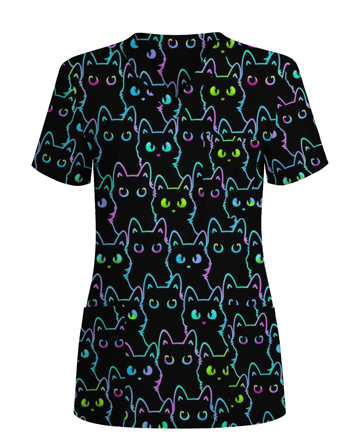 Neon Black Cat Allover Pattern Illustration Women Scrub Top