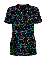 Neon Black Cat Allover Pattern Illustration Women Scrub Top